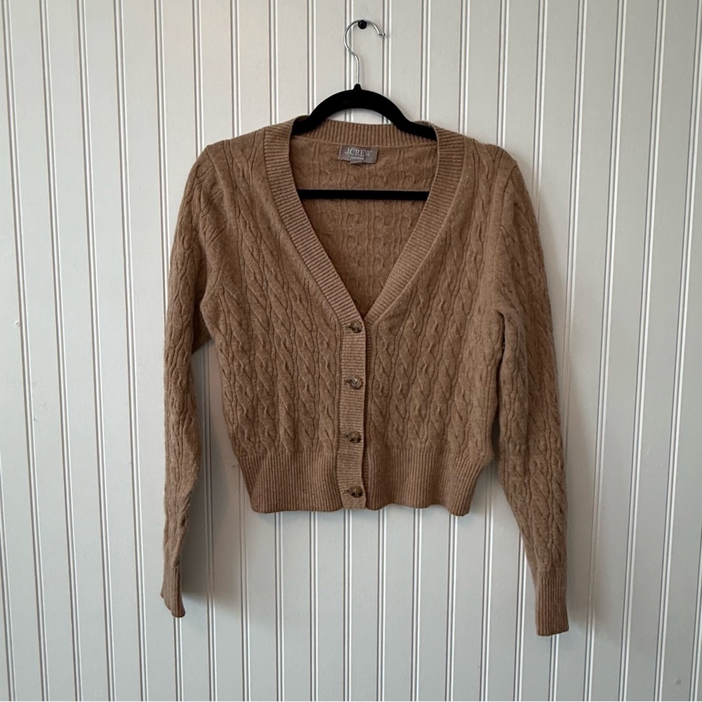 J. Crew 100% Cashmere Green Cable-Knit V-Neck Cardigan